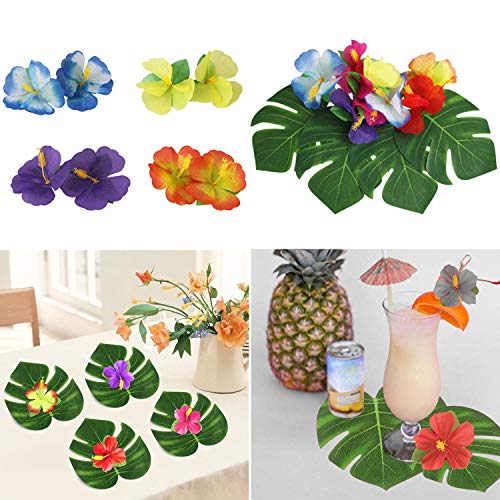 BigLion 60 Piezas Tropicales Artificiales Hojas Palmeras Flores de Hibisco, Hojas Artificial Palmeras Tropical Monstera Flores Hibisco Hawaianas Luau Jungle Beach temáticas Fiestas Decoraciones