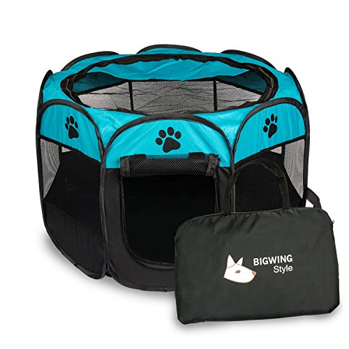 BIGWING Style Parque Mascota de Juego Entrenamiento Dormitorio Perro Gato Conejo Octágono Plegable Lavable Durable 91x 91x 58 CM, Negro y Azúl