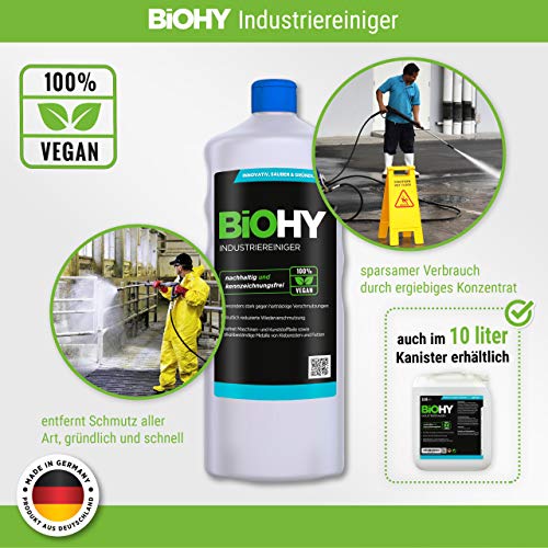 BiOHY Limpiador industrial (1 botella de 1 litro) | baja espuma antisuciedad elimina grasas y aceites en todas las superficies resistentes al agua (Industriereiniger)