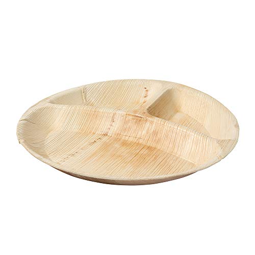 BIOZOYG Plato Vajilla desechable Biodegradable Hoja de Palma Tipo Menu con 3 divisiones I 25 Platos alrededor-25cm I vajilla desechable compostable para Fiesta de Catering y Mucho mas