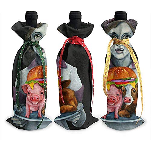 BK Creativity Red Wine Bottle Cover,Vegetariano Cerdo Vaca Hamburguesa Mujer Acción De Gracias 3Pcs Navidad Cubiertas De Botellas De Vino Tinto para La Escuela Enseñar A Los Estudiantes