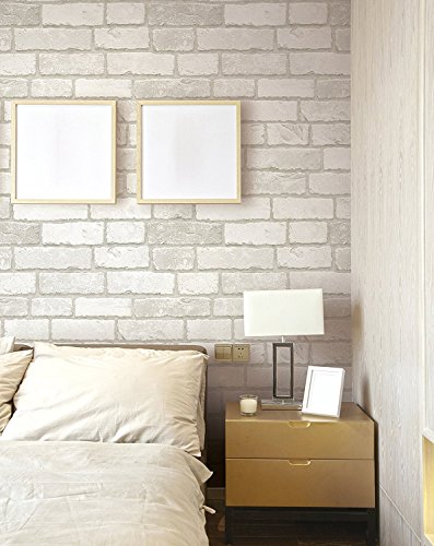 (Blanco, Paquete de 1) Papel tapiz de mural autoadhesivo clásico con patrón de ladrillo 50cm X 15M (19,6" X 590"), 0,15mm para sala de estar, habitación, fregadero