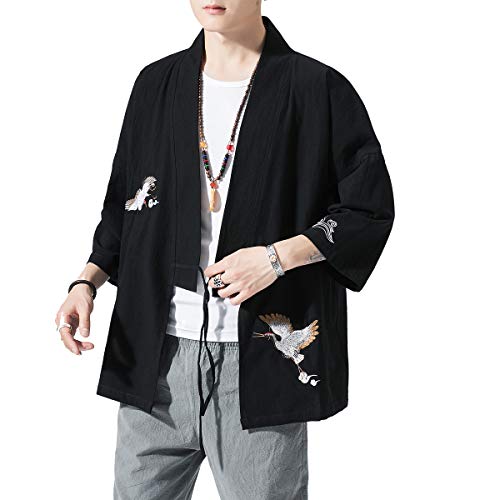 BLFGNCOB Kimono chaqueta bordada estilo japonés tres cuartos manga suelta Yukata Negro Black2 M