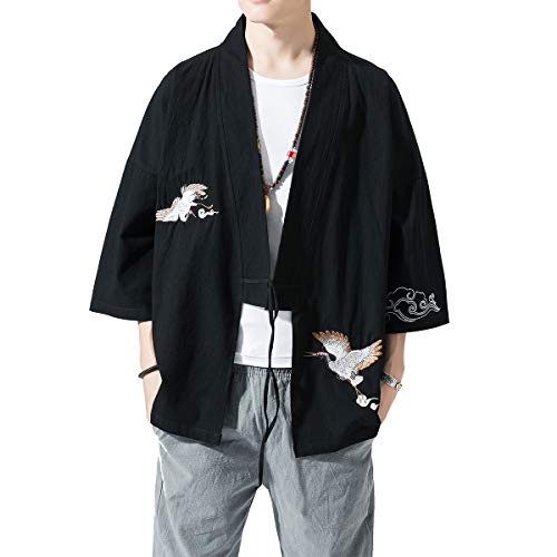 BLFGNCOB Kimono chaqueta bordada estilo japonés tres cuartos manga suelta Yukata Negro Black2 M