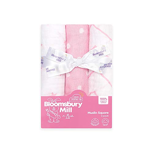 Bloomsbury Mill - Muselinas de Alta Calidad - 100 % Algodón Puro - Estampado de Estrellas, Espiga y Lunares – Rosa y Blanco - Juego de 6 - 70 x 70cm