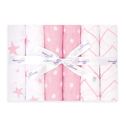 Bloomsbury Mill - Muselinas de Alta Calidad - 100 % Algodón Puro - Estampado de Estrellas, Espiga y Lunares – Rosa y Blanco - Juego de 6 - 70 x 70cm