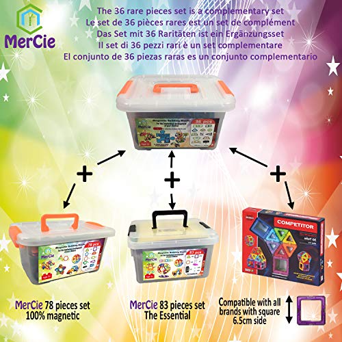 Bloques de construcción magnéticos │ 36 Piezas RARAS compatibles con otros juegos (6,5 cm) todas las marcas + Caja de plástico de almacenamiento│ Gran Regalo para niños y niñas mayores de 3 años