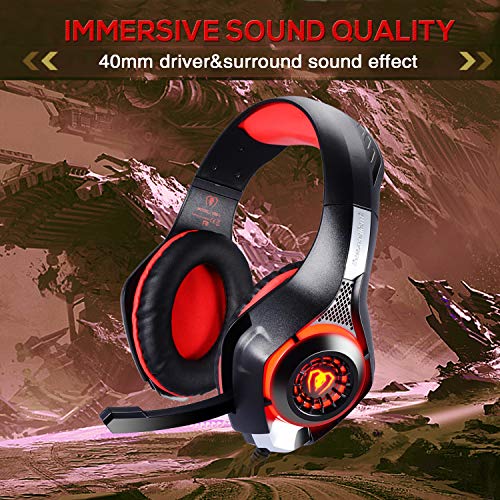 BlueFire Auriculares Gaming PS4, Cascos Gaming Ruido Reducción de Diademas Cerrados Profesional con Micrófono 3.5mm Compatible con PC Xbox One, PS4,Móvil(Rojo)