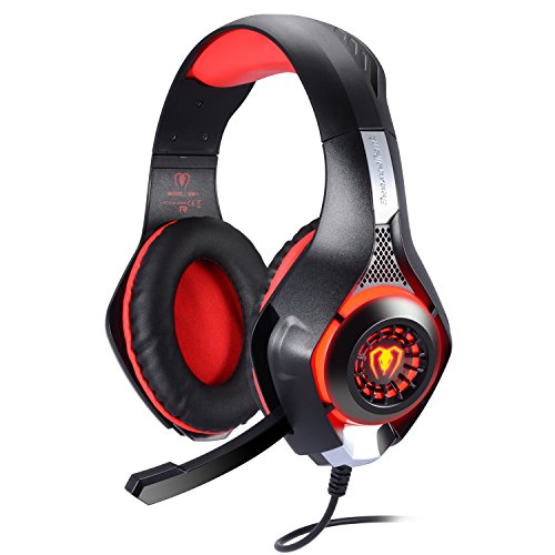 BlueFire Auriculares Gaming PS4, Cascos Gaming Ruido Reducción de Diademas Cerrados Profesional con Micrófono 3.5mm Compatible con PC Xbox One, PS4,Móvil(Rojo)