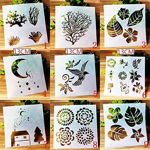 BLUGUL Plantillas de Dibujo, para Scrapbooking, Manualidades, DIY, Album de Fotos, Cuaderno, Diario, Luna Flor Planta Pájaro, Naturaleza A 9pcs