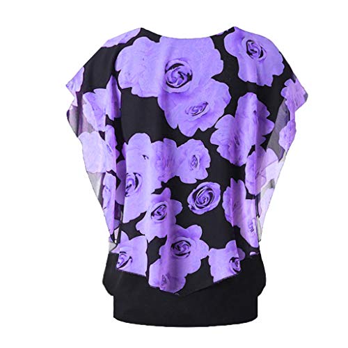 Blusa de gasa para mujer de Rovinci de verano, elegante, cuello redondo, manga corta, informal, suelta, murciélago, cuello redondo, camisa morado EU-36/CN-M