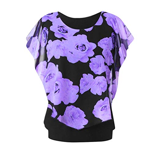 Blusa de gasa para mujer de Rovinci de verano, elegante, cuello redondo, manga corta, informal, suelta, murciélago, cuello redondo, camisa morado EU-36/CN-M