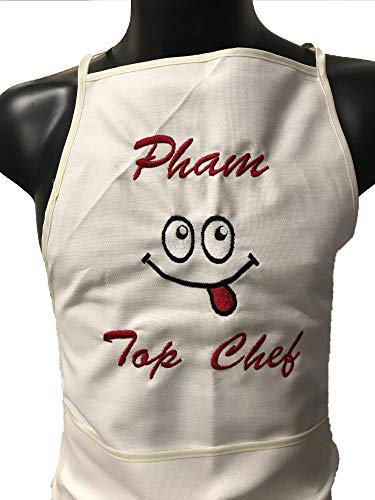 bng Delantal Cocina Top Chef Coocking Bordado Personalizado Nombre de a Definir par Message (Entrega 1 A 2 días), Blanc Smiley, 90cm h. x 60cm