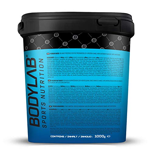 Bodylab24 Proteína Whey 1kg | Proteína de suero en polvo para antes y después del entrenamiento | Para batido de proteínas para masa muscular | 80% Proteína | Sin Gluten | Nata y Galletas