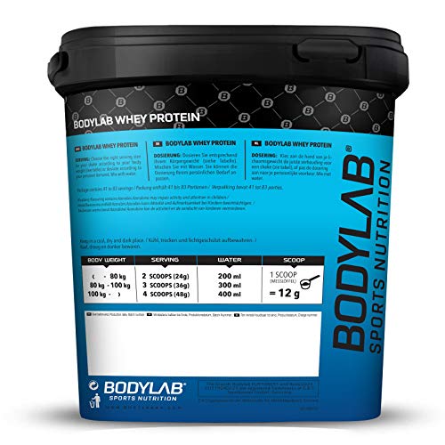 Bodylab24 Proteína Whey 2kg | Proteína de suero en polvo para antes y después del entrenamiento | Para batido de proteínas para masa muscular | 80% Proteína | Sin Gluten | Nata y Galletas