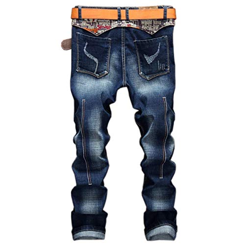 BOLAWOO Hombres De Mediana Cintura Bomba Micro Rasgada Recta De Ajuste Mode De Marca Delgado Denim Pantalones Vaqueros Sin Mortero (Color : Azul, Size : 33)