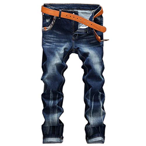 BOLAWOO Hombres De Mediana Cintura Bomba Micro Rasgada Recta De Ajuste Mode De Marca Delgado Denim Pantalones Vaqueros Sin Mortero (Color : Azul, Size : 33)