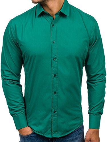 BOLF Hombre Camisa Elegante 1703 Verde Oscuro L [2B2]