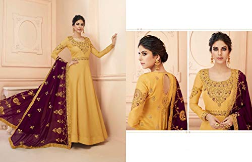 Bollywood Indian Designer Amarilla Silk Tussar Party Wear Vestido Elegante Anarkali Salwar Kameez Disfraz Bordado Función Musulmana Deshierbe Desgaste 4004 (XS)