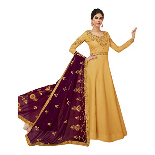 Bollywood Indian Designer Amarilla Silk Tussar Party Wear Vestido Elegante Anarkali Salwar Kameez Disfraz Bordado Función Musulmana Deshierbe Desgaste 4004 (XS)