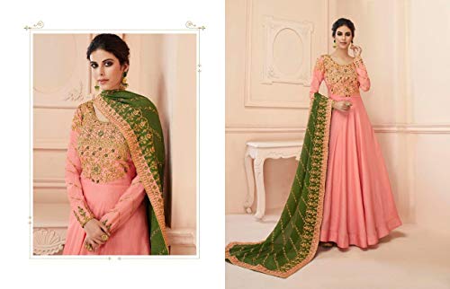 Bollywood Indian Designer Rosado Silk Tussar Party Wear Vestido Elegante Anarkali Salwar Kameez Disfraz Bordado Función Musulmana Deshierbe Desgaste 4004 (L)