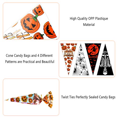 Bolsa de Dulce de Halloween 200pcs Bolsa de Cono de Celofán Bolsas de Caramelos de Cono Tansparente con Lazos Retorcidos Dorados para Suministros