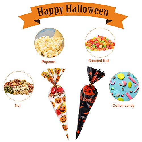 Bolsa de Dulce de Halloween 200pcs Bolsa de Cono de Celofán Bolsas de Caramelos de Cono Tansparente con Lazos Retorcidos Dorados para Suministros