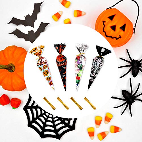 Bolsa de Dulce de Halloween 200pcs Bolsa de Cono de Celofán Bolsas de Caramelos de Cono Tansparente con Lazos Retorcidos Dorados para Suministros