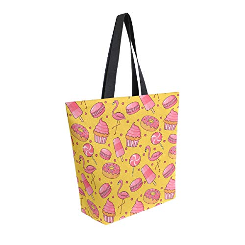 Bolsa de lona con diseño de flamenco de caramelo, bolsa de hombro grande para mujeres y niñas, bolsas de compras reutilizables