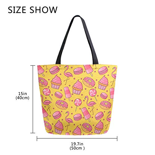 Bolsa de lona con diseño de flamenco de caramelo, bolsa de hombro grande para mujeres y niñas, bolsas de compras reutilizables