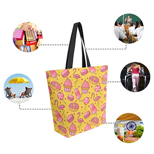 Bolsa de lona con diseño de flamenco de caramelo, bolsa de hombro grande para mujeres y niñas, bolsas de compras reutilizables