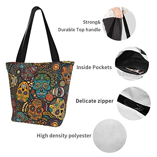 Bolsa de lona personalizable, diseño de calavera de azúcar mexicana, lavable, para mujer, color azul