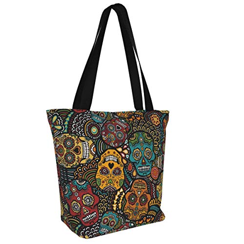 Bolsa de lona personalizable, diseño de calavera de azúcar mexicana, lavable, para mujer, color azul