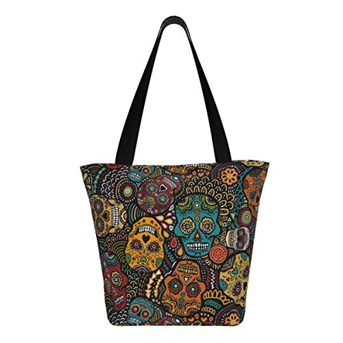 Bolsa de lona personalizable, diseño de calavera de azúcar mexicana, lavable, para mujer, color azul