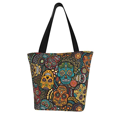 Bolsa de lona personalizable, diseño de calavera de azúcar mexicana, lavable, para mujer, color azul