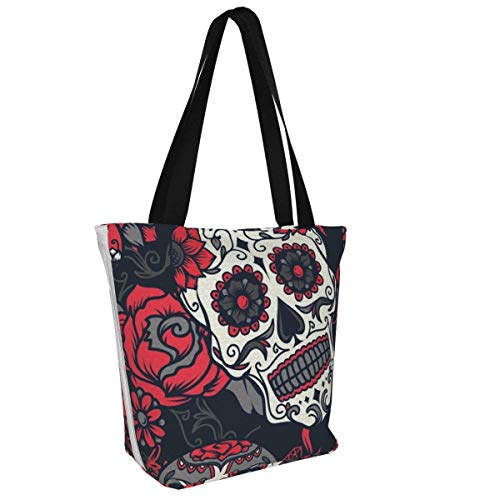 Bolsa de lona personalizada, diseño de calavera de azúcar lavable bolso de hombro bolsas de compras para mujeres