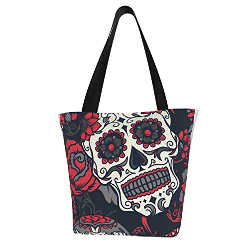 Bolsa de lona personalizada, diseño de calavera de azúcar lavable bolso de hombro bolsas de compras para mujeres