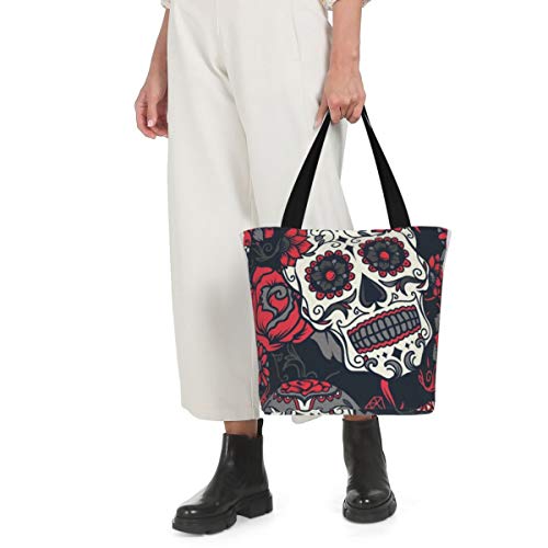 Bolsa de lona personalizada, diseño de calavera de azúcar lavable bolso de hombro bolsas de compras para mujeres