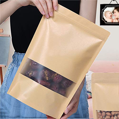 Bolsas de Sellado de Agarre Ziplock Reutilizables de 50 Piezas Bolsa de Papel Kraft Impermeable con Ventana Transparente Bolsas de Almacenamiento de Alimentos Bolsa de Embalaje