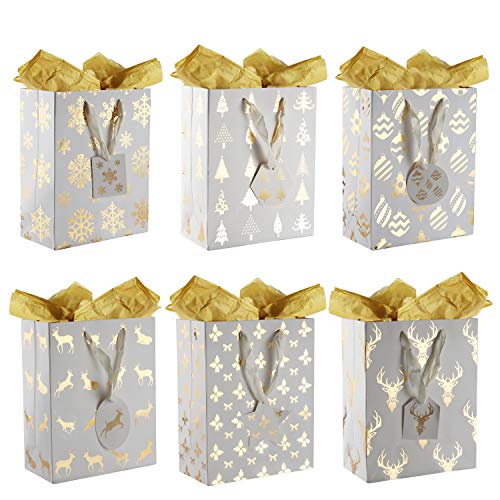 Bolsas Regalo Navidad (Pack de 12) 25,4 x 20 x 10,2 cm - Bolsas Navidad Medianas Doradas y Blanco con Etiquetas y Papel Tisú Dorado Bolsas Papel Navidad para Galletas, Regalos para Fiestas