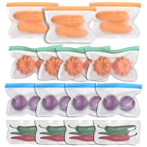 Bolsas Reutilizables PEVA 15 Pack, KEEHOM Bolsa Congelación con Cremallera sin BPA para Almacenamiento de Alimentos, Bolsas de Conservación, para Fruta Sándwich Verdura, Viaje y Organización de Cocina