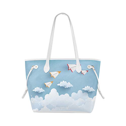 Bolso de hombro tipo asas de papel Airplane Flying In Sky Bolso de hombro para niñas Bolsas de mano de gran capacidad Resistente al agua con asa duradera