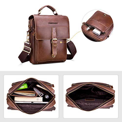 Bolso Hombre Bandolera Cuero Bolsa Caballero Crossbody Mensajero del Trabajo Vintage de Hombro Casual Messenger Bag,Marrón