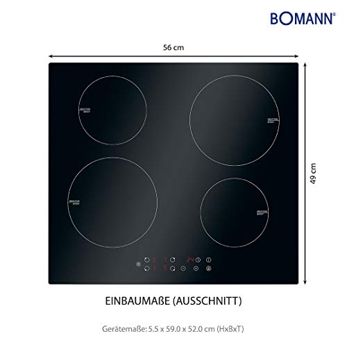 Bomann EBKI 961 - Placa de inducción empotrada (60 cm, 4 zonas de cocción, control táctil, temporizador, 9 niveles de potencia)