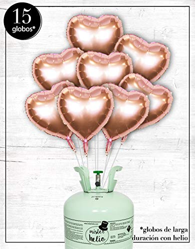 Bombona de Helio Mr.Helio+15 Globos Foil corazón Rose Gold