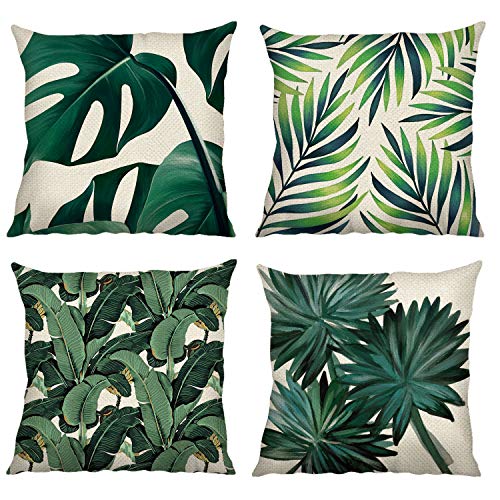 Bonhause Juego de 4 Funda de Cojín 45x45cm Hojas Tropical Verde Algodón Lino Fundas de Almohada para Cojines Decorativos para Sofá Cama Coche Hogar