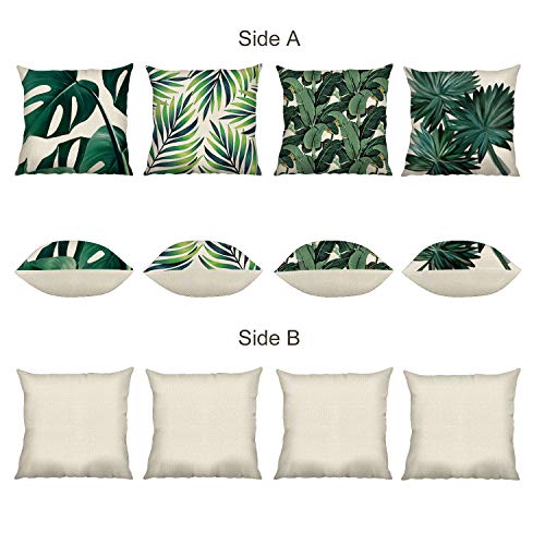 Bonhause Juego de 4 Funda de Cojín 45x45cm Hojas Tropical Verde Algodón Lino Fundas de Almohada para Cojines Decorativos para Sofá Cama Coche Hogar