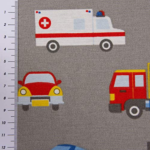 Bonita vida útil. Tela decorativa Canvas Ottoman vehículos, policía, autobuses, camiones, ambulancias, gris, multicolor, 1,40 m de ancho