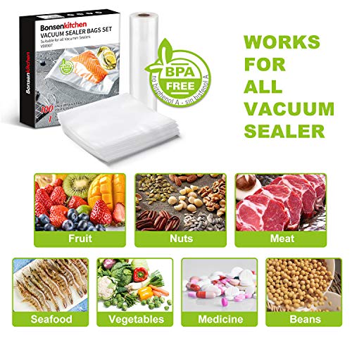 Bonsenkitchen Kit de Bolsas de Vacio Gofradas de Alimentos (100 Bolsas 20x30cm + 28x600cm), Rollos al Vacio para para Conservación de Alimentos y Sous Vide Cocina, Boilable y sin BPA - VB8907