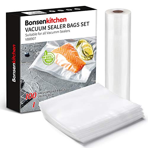 Bonsenkitchen Kit de Bolsas de Vacio Gofradas de Alimentos (100 Bolsas 20x30cm + 28x600cm), Rollos al Vacio para para Conservación de Alimentos y Sous Vide Cocina, Boilable y sin BPA - VB8907